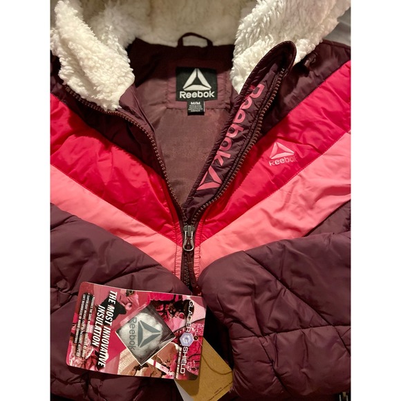 Reebok Sherpa Hooded Retro Chevron Jacket Size Med * Bright Pink Colors WOM104 - Picture 4 of 6